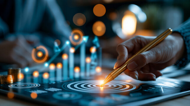 Abstract strategy business planning scene with corporate roadmap elements showing goals targets and performance growth in an analytical futuristic atmosphere