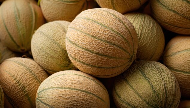 Close-up of a pile of ripe cantaloupe melons with textured rind.