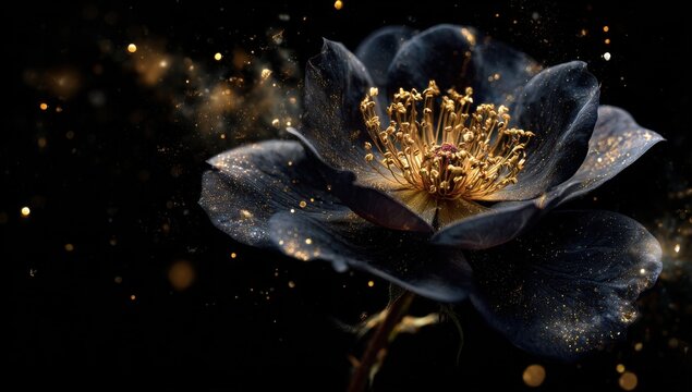Mysterious Dark Flower with Golden Sparkles and Bokeh Lights.