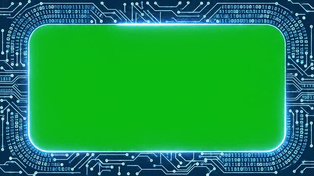 Futuristic circuit board frame with glowing green screen for custom content, digital technology background 4K