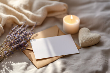 Fototapeta premium Invitation Mockups with Blank Card, Candle, Lavender, and Heart on Soft Fabric for Serene