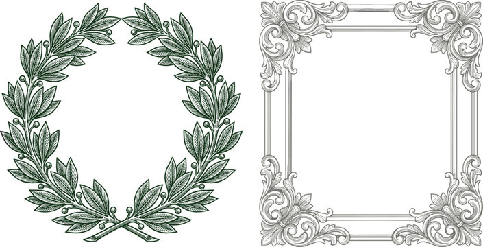 Vintage laurel wreath and ornate decorative frame collection with engraved antique vector illustration elements