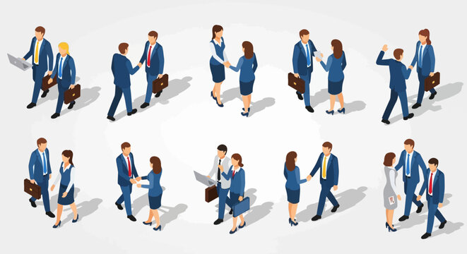 Business people shaking hands in various professional settings.