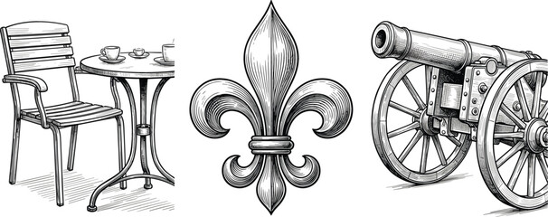 Vintage engraved chair fleur de lis and cannon illustration collection with antique hand drawn sketch style © Jahangir