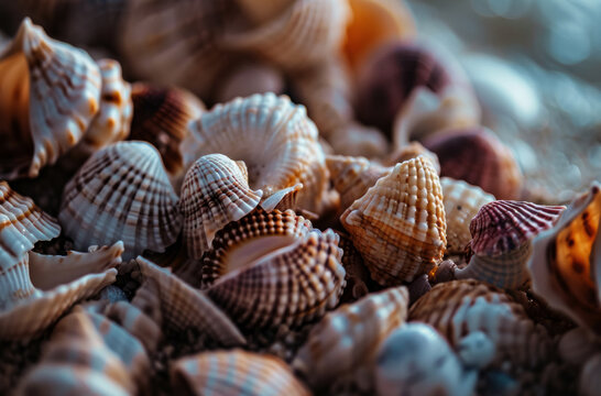 Toned image of many sea shells in pile. Lots of scallop seashells piled together background