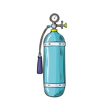 Light blue scuba diving air tank with pressure gauge and hose in a simple drawing style