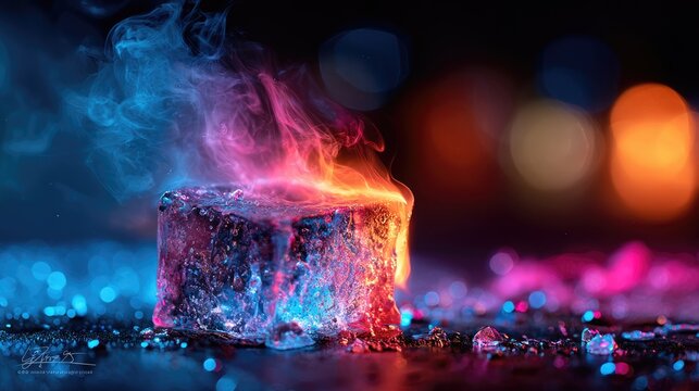 A glowing ice cube steams, illuminated by vibrant pink and blue light