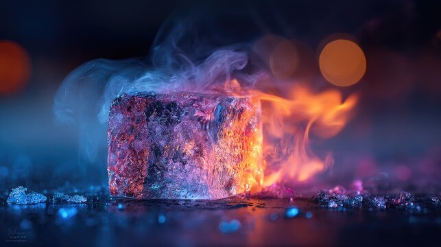 Textured cube melts with vibrant blue, orange, and purple smoke and bokeh