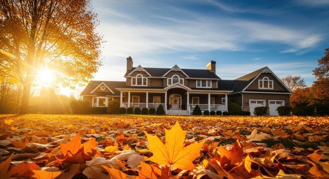 Autumn leaves on a large house lawn