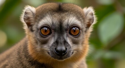 Naklejka premium Close up portrait of a ring tailed lemur with big eyes and fur