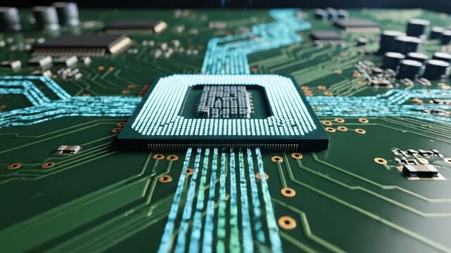 Advanced central processing unit on a vibrant green circuit board, intricately illuminated by glowing cyan pathways depicting data flow and intricate electronic connections, representing