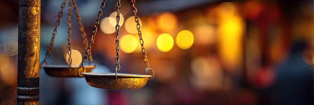Antique weighing scales hang against a blurred backdrop of warm, glowing lights