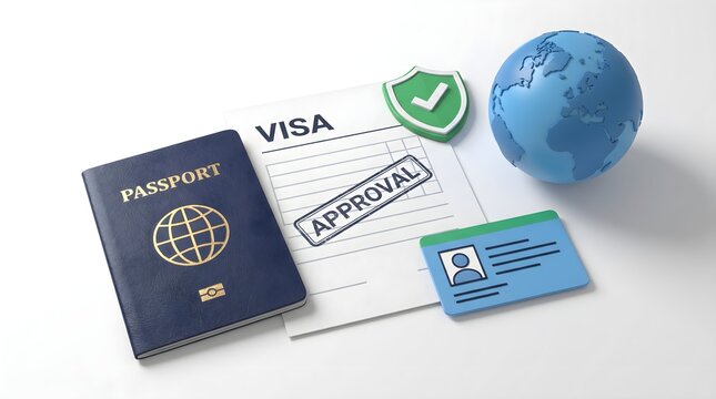 3D Visa Approval Concept with Blue Passport Global Globe Green Shield and Approved Document on White Background