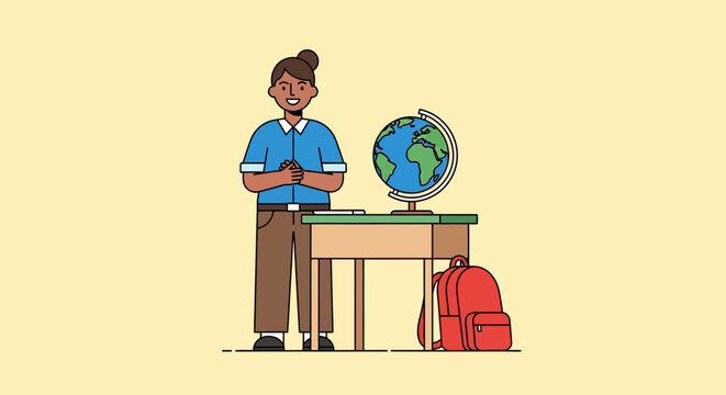 Teacher standing by a desk with a globe and backpack.
