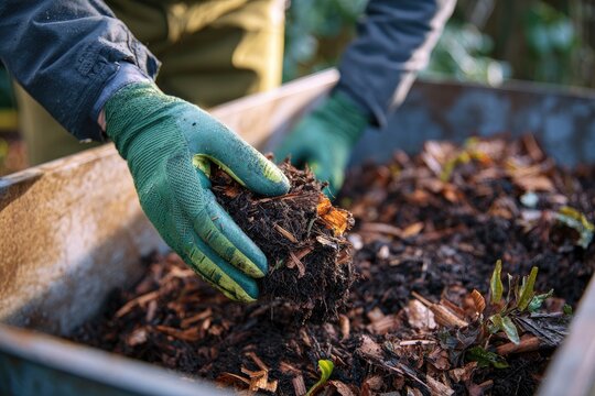 Gardener's gloved hands sift through rich compost in a wheelbarrow