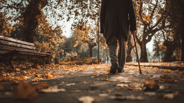 Elderly figure with cane walks on path, autumn park, fallen leaves, warm light
