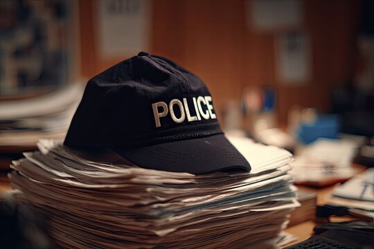 Police Cap Resting on Stack of Papers on Desk.