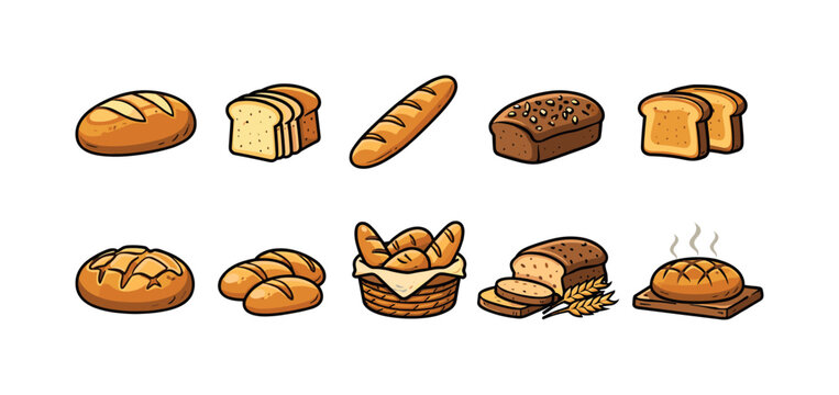 Collection of delicious cartoon bread types and baked goods for bakery themes