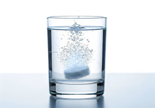 Effervescent tablet dissolving in a glass of water isolated on white background