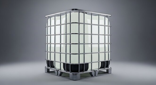 Large industrial plastic water tank container on a metal frame pallet. ibc container