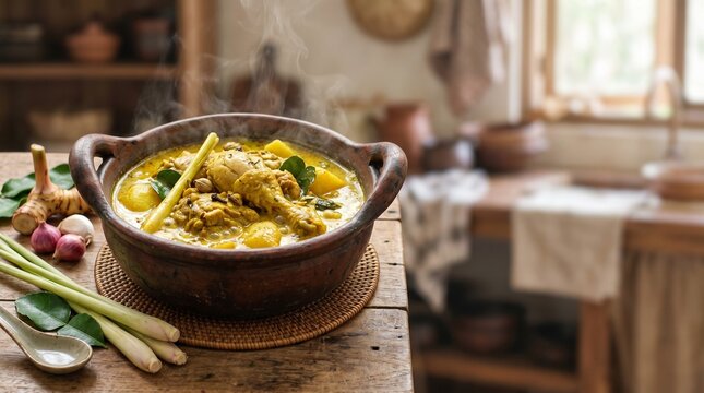 Steaming Indonesian chicken curry in a clay pot served for festive dinner