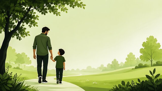 A father and son holding hands and walking along a winding path in a serene green landscape with trees and rolling hills