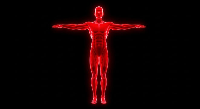 Anatomical 3D Render of Human Musculature with T-Pose and Red Glow Against Black Background for Medical and Fitness Concepts