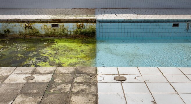 Abandoned pool split showing before (algae) and after (clean)