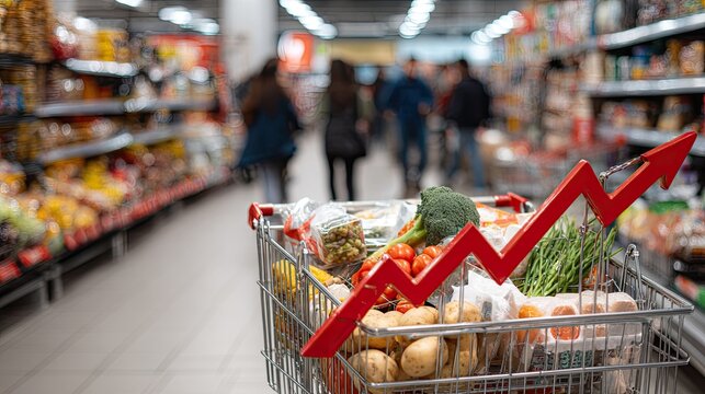 A shopping cart filled with groceries, overlaid with a rising arrow graph