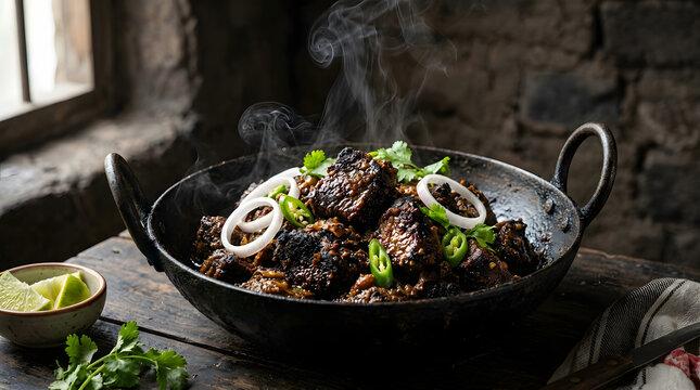 Steaming hot meat dish with onions and cilantro in a rustic pan
