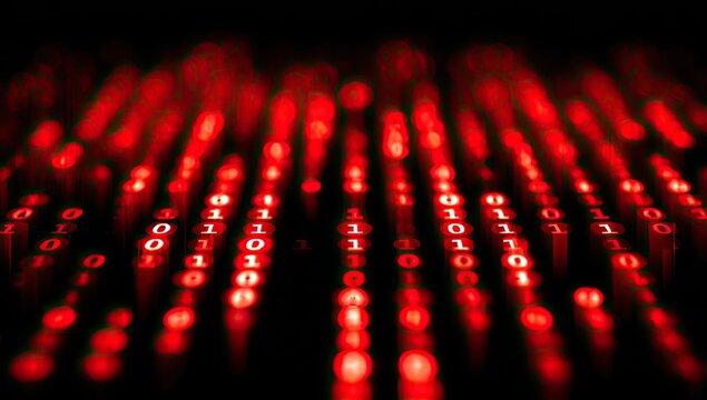 Abstract Red Binary Code Matrix Flowing Downwards.