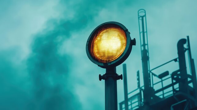 Industrial air quality monitoring station with illuminated sensor under a cloudy sky