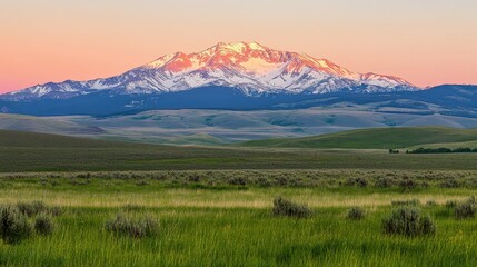 Obraz premium Majestic snow-capped mountain range bathed in warm twilight hues with expansive grassy fields below