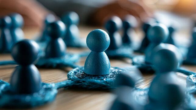 Blue wooden constructor figures in an organizational chart pattern showing business structure hierarchy, team hierarchy, workforce planning and corporate management