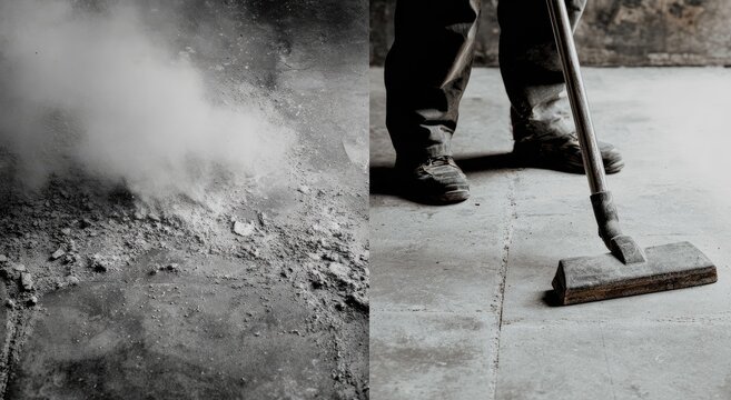 Dusty construction site debris being vacuumed