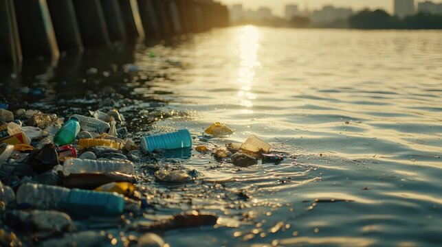 Plastic waste floats on a rippling river surface reflecting bright sunlight, a stark environmental issue.