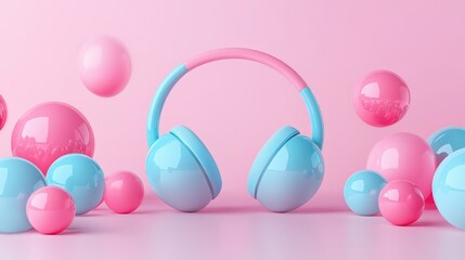 Playful pastel headphones in soft pink and blue hues floating with spheres, ideal for music lovers.