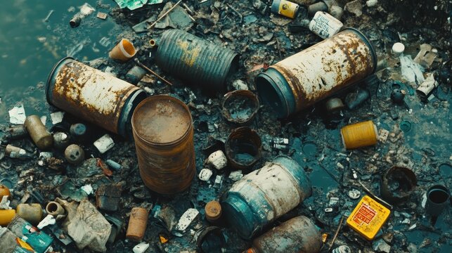 Rusting Industrial Containers and Chemical Residue on Debris-Strewn Ground