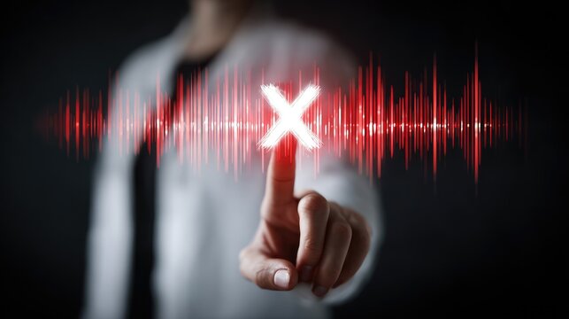 Finger touches illuminated red sound wave with glowing X mark