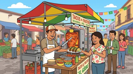 Obraz premium Vibrant Mexican street food market illustration, a bustling outdoor taco stand serving delicious al pastor tacos, lively cultural festival scene with colorful flags and happy people enjoying