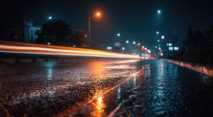 Fototapeta premium Wet asphalt street at night, streaking lights from passing vehicles, orange glow
