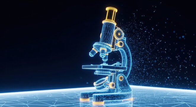 A microscope sitting on a table in front of a black background illustration