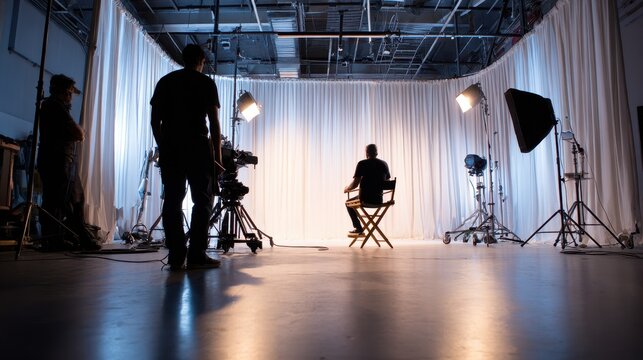 Film Crew Captures Subject in Lit Studio with Camera and Lights.
