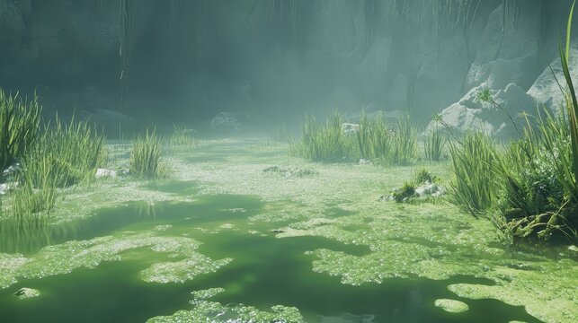 Toxic algae blooms spread across a vibrant green marsh, showcasing the delicate beauty of wetland ecosystems under soft lighting
