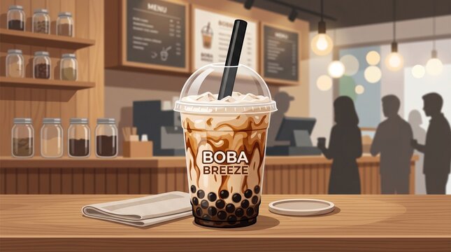 Boba Breeze bubble tea, a refreshing brown sugar milk tea with tapioca pearls, served in a clear plastic cup with a black straw, on a wooden counter in a modern cafe setting