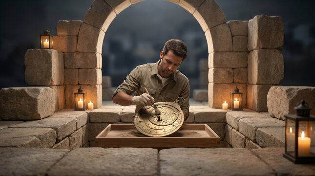 Archaeologist brushing powdered soil from a bronze astrolabe recovered from a collapsed monastery library, candlelight catching intricate en 2