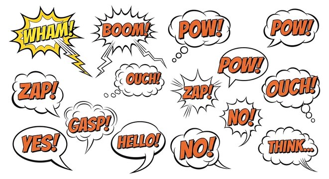 Comic book speech bubbles set with action words isolated on white
