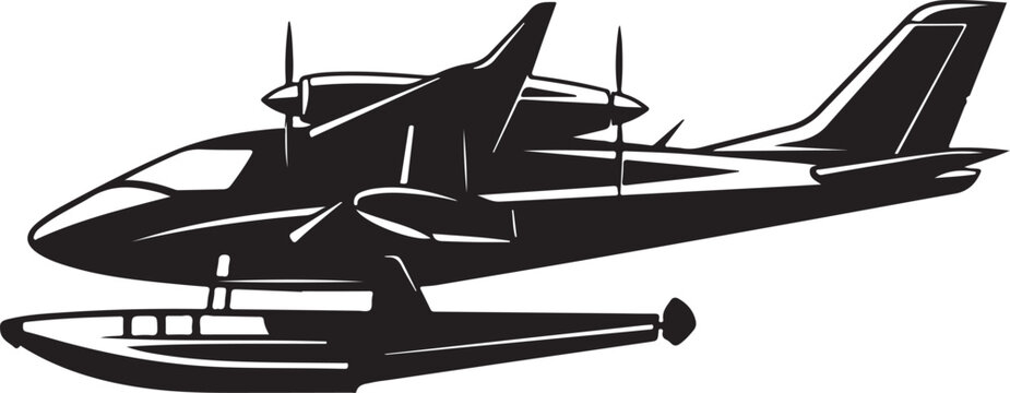 Seaplane, Amphibious Aircraft, Vector Airplane Icon, Black Silhouette