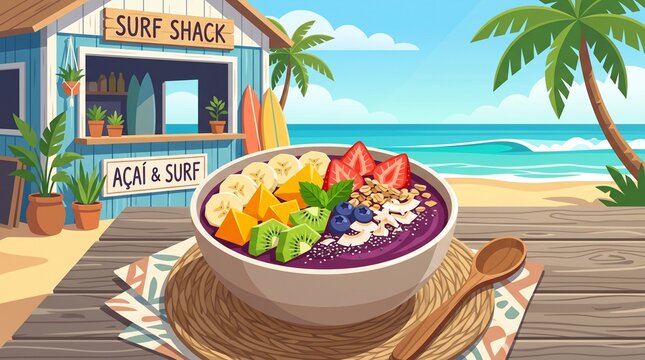 Vibrant acai bowl illustration, tropical fruit smoothie, healthy breakfast or snack, summer beach vacation food, surf shack background, exotic superfood dessert.