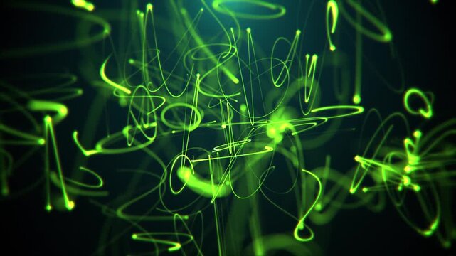 Dynamic abstract background with glowing green neon particle squiggles on black. Chaotic movement and energy concept. Full HD looping animation.